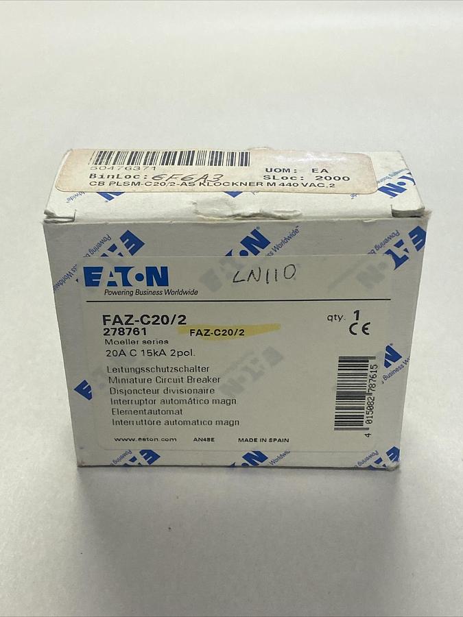 Used EATON,FAZ-C20/2,CIRCUIT BREAKER 20A 2P NEW
