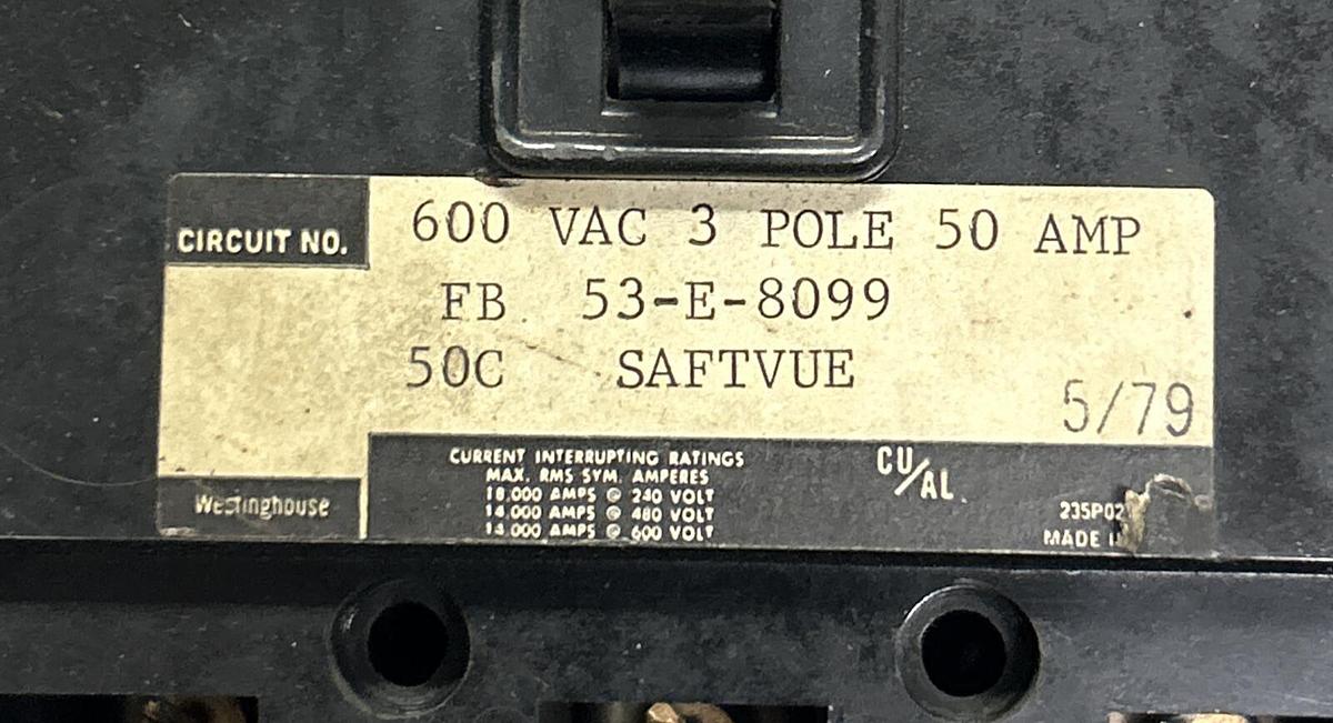 Used SAFTVUE,53-E-8099,CIRCUIT BREAKER 50A 600V 3P
