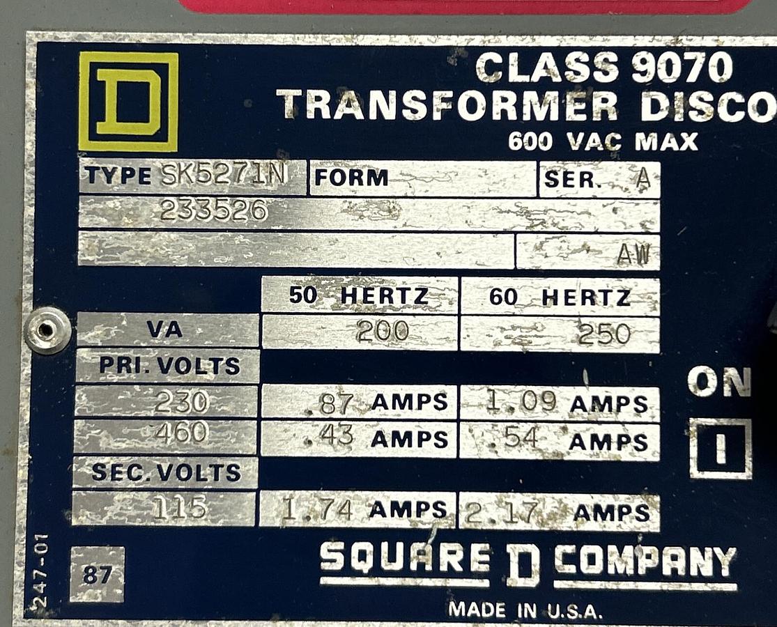 Used SQUARE D,9070-SK5271N,TRANSFORMER DISCONNECT .87-1.09/.43-.54A 50/60 HZ