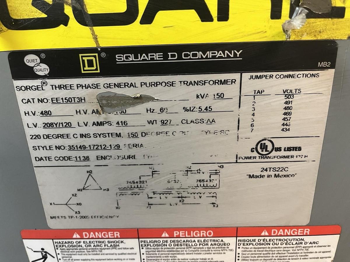 Used SQUARE D,EE150T3H,TRANSFORMER 150KVA HV 480V LV 208Y/120V 3PH