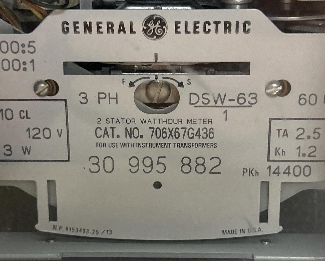 Used GENERAL ELECTRIC,706X67G436,WATTHOUR METER