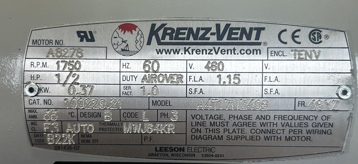 KRENZ-VENT,100229.21,AC MOTOR 1/2HP 1750RPM 460V 48YZ FRAME NOS