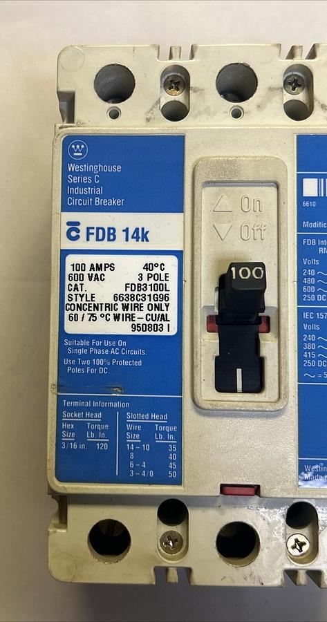 Used WESTINGHOUSE,FDB3100L,CIRCUIT BREAKER 100A 600V 3P