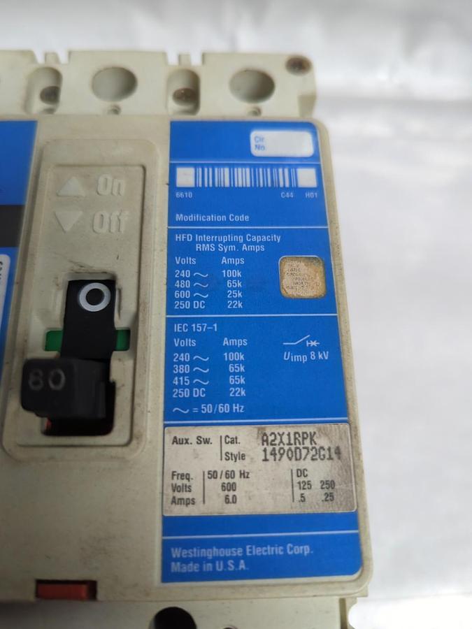 Used WESTINGHOUSE,HFD3080L,CIRCUIT BREAKER 80 AMP 600V 3-POLE PRE-OWNED