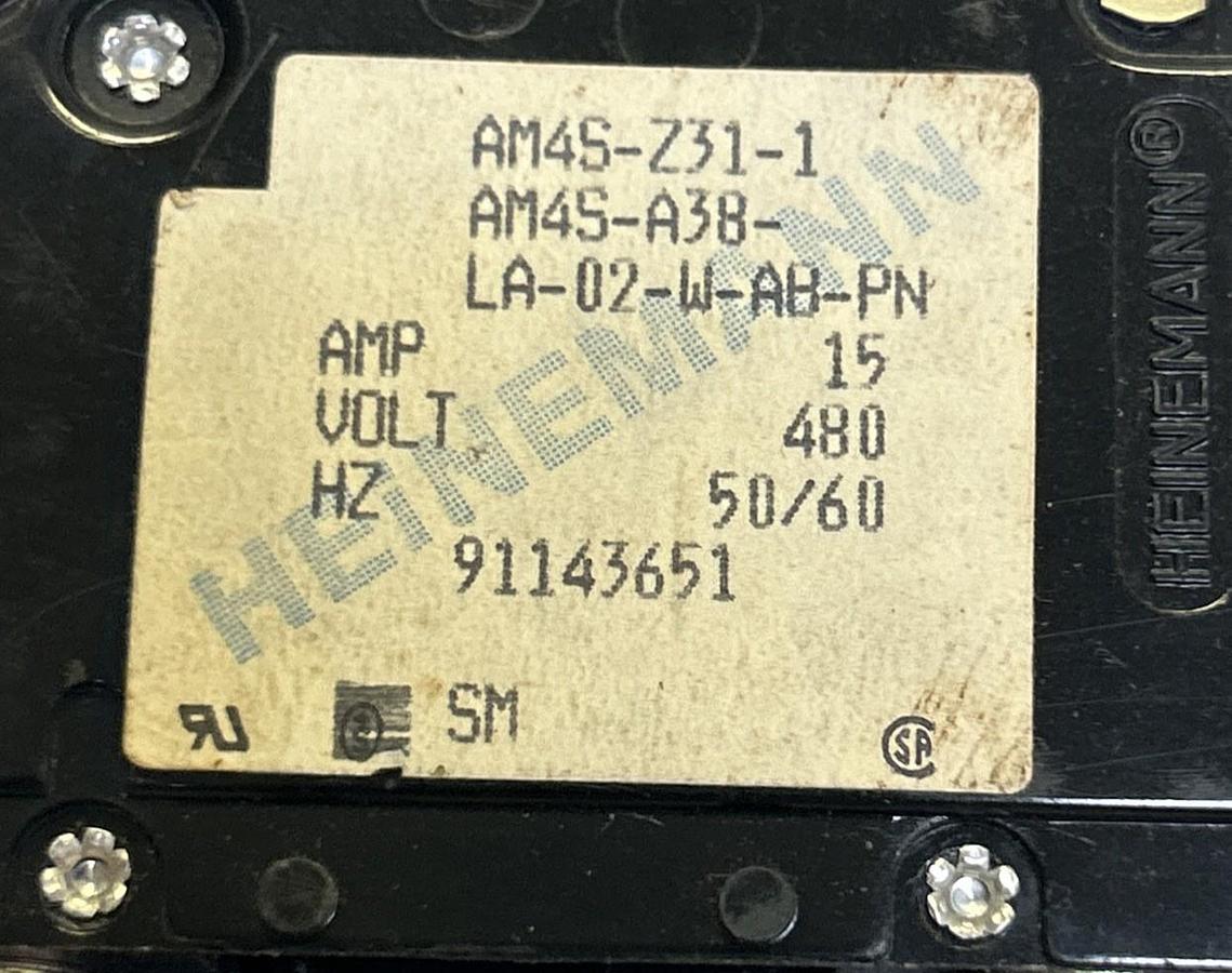 Used HEINEMANN,AM4S-231-1,CIRCUIT BREAKER 15A 480V 4P