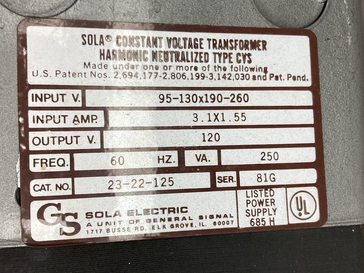 Used Sola,23-22-125,Constant Voltage Transformer 95-130x190-260