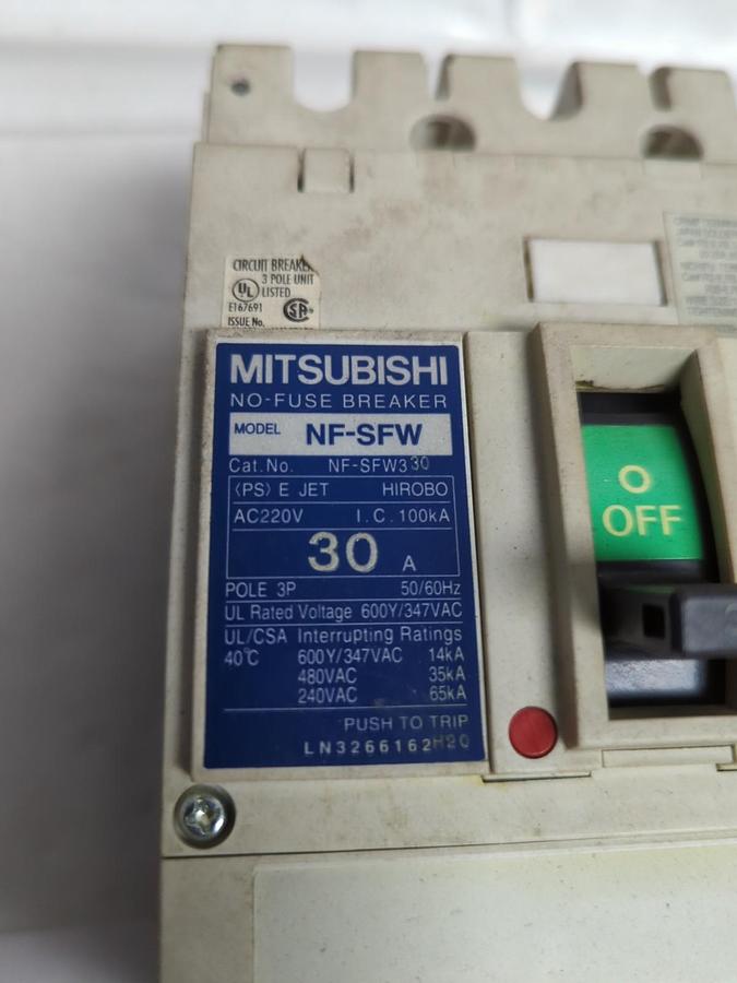 Used MITSUBISHI,NF-SFW,NO FUSE BREAKER 30 AMP 3-POLE PRE-OWNED