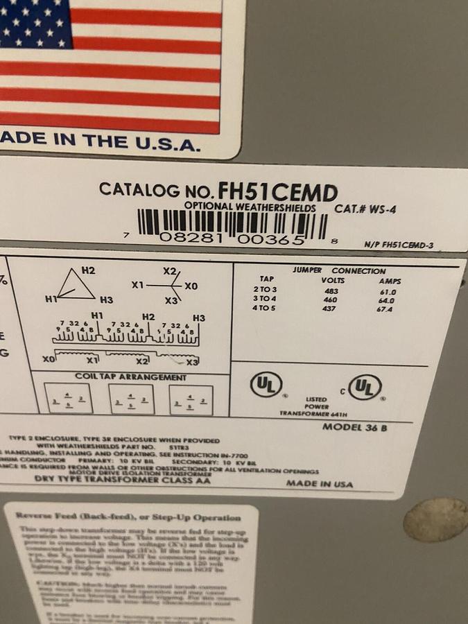 Used Federal Pacific,FH51CEMD,Transformer 51KVA Pri 460 Sec 230Y/133 3PH