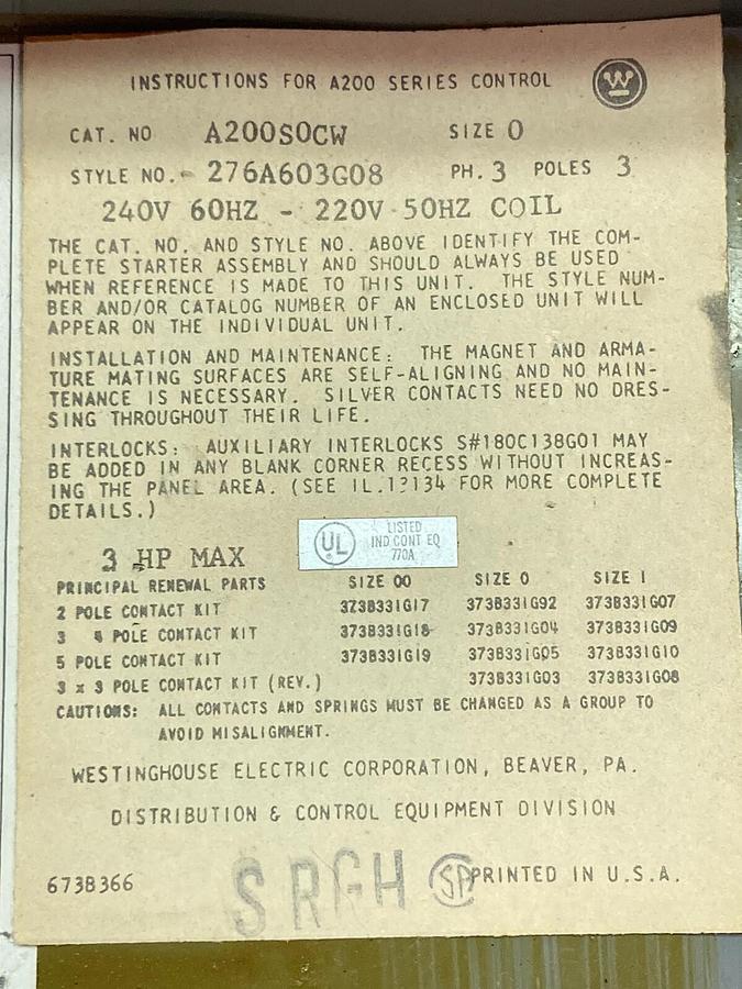 Used Westinghouse,A200S0CW,3-Phase Enclosed Motor Starter Size 0