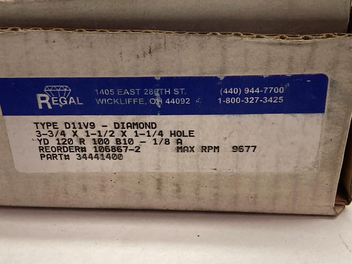 Regal Diamond Products,Type D11V9,Grinding Wheel 3-3/4x1-1/2x1-1/4 Hole 106867-2