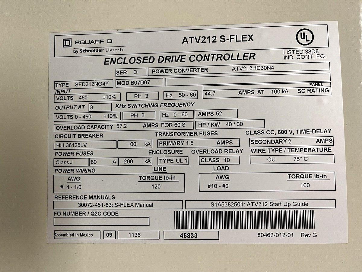 Used SQUARE D,ATV212 S-FLEX,DRIVE CONTROLLER 40 HP VFD CONVERTER ATV212HD30N4