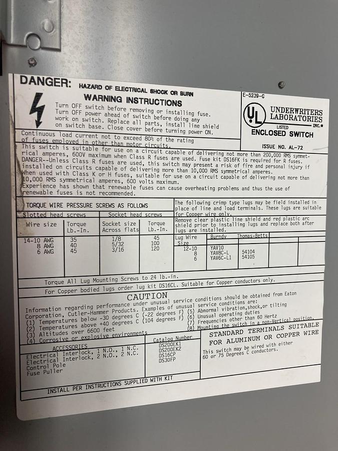 Used Eaton Cutler-Hammer,DH361FGK,3-Pole Safety Disconnect Switch 30A 600V