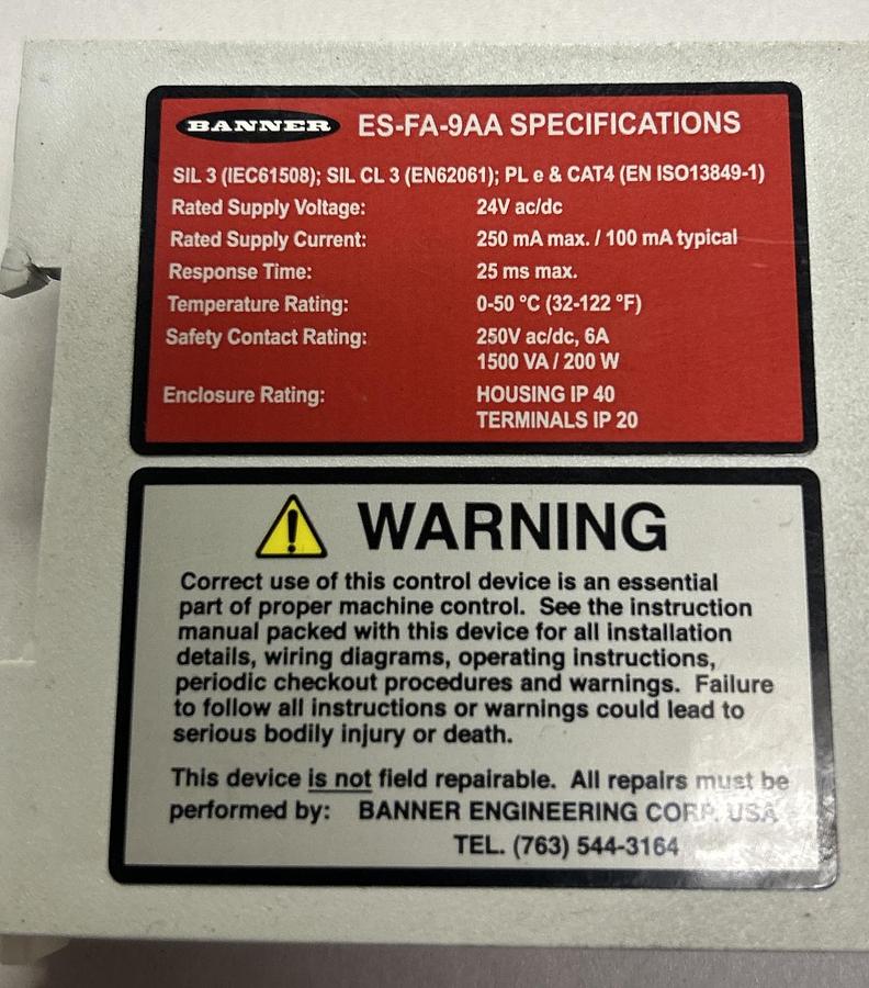 Used BANNER ENGINEERING,ES-FA-9AA,SAFETY RELAY MODULE