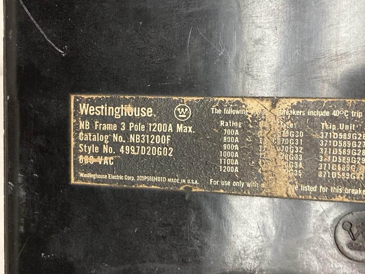 Used Westinghouse,NB31200F,3-Pole Molded Case Switch Style 4997D20G02 1200A 600Vac