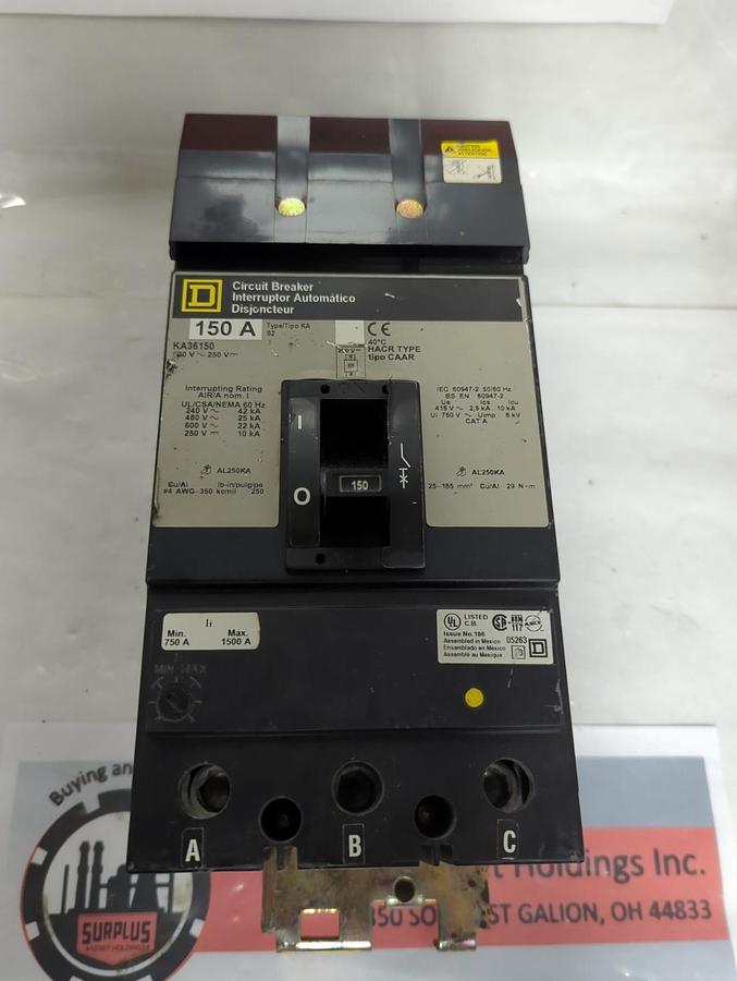 Used SQUARE D,KA36150,CIRCUIT BREAKER 3-POLE 150 AMP PRE-OWNED