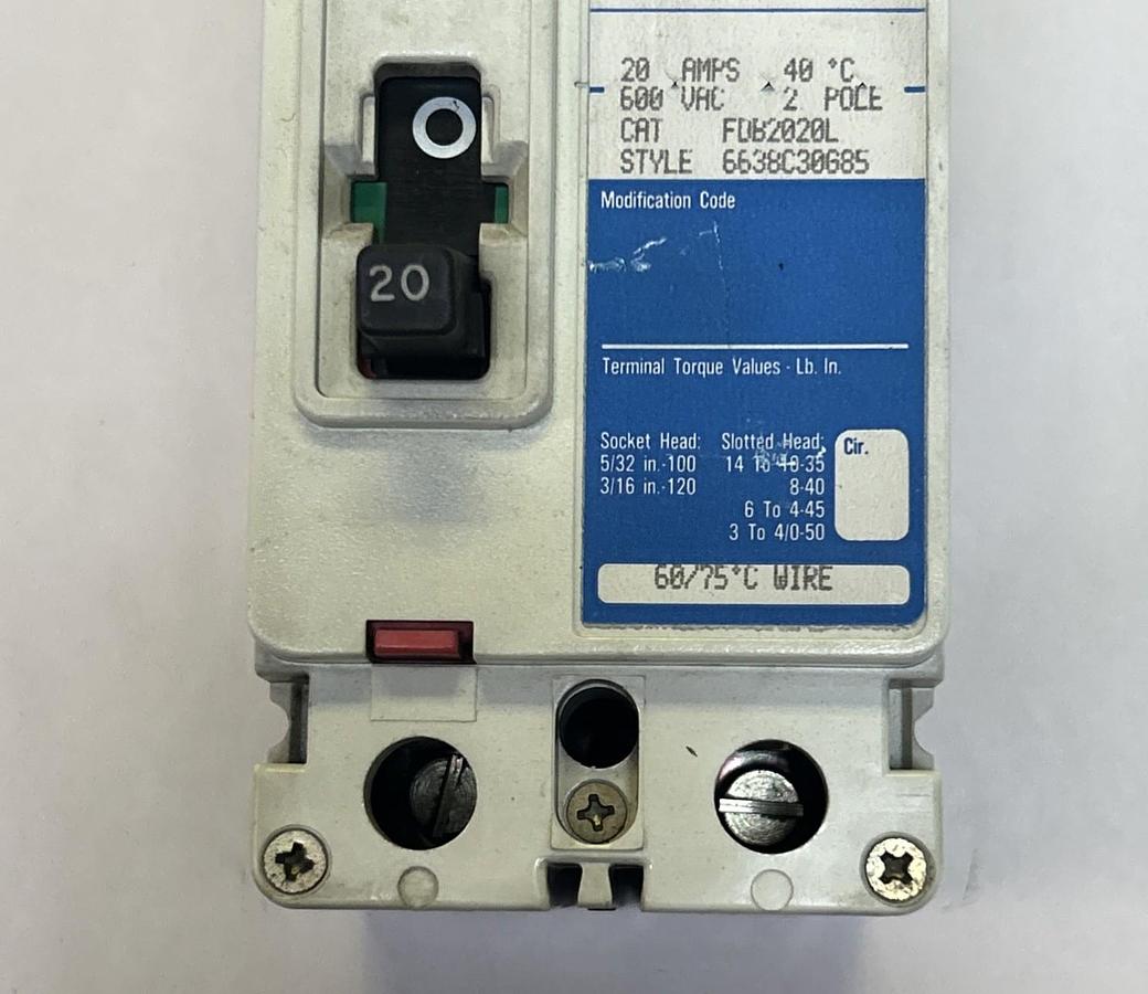 Used WESTINGHOUSE,FDB2020L,CIRCUIT BREAKER 20A 600V 2P