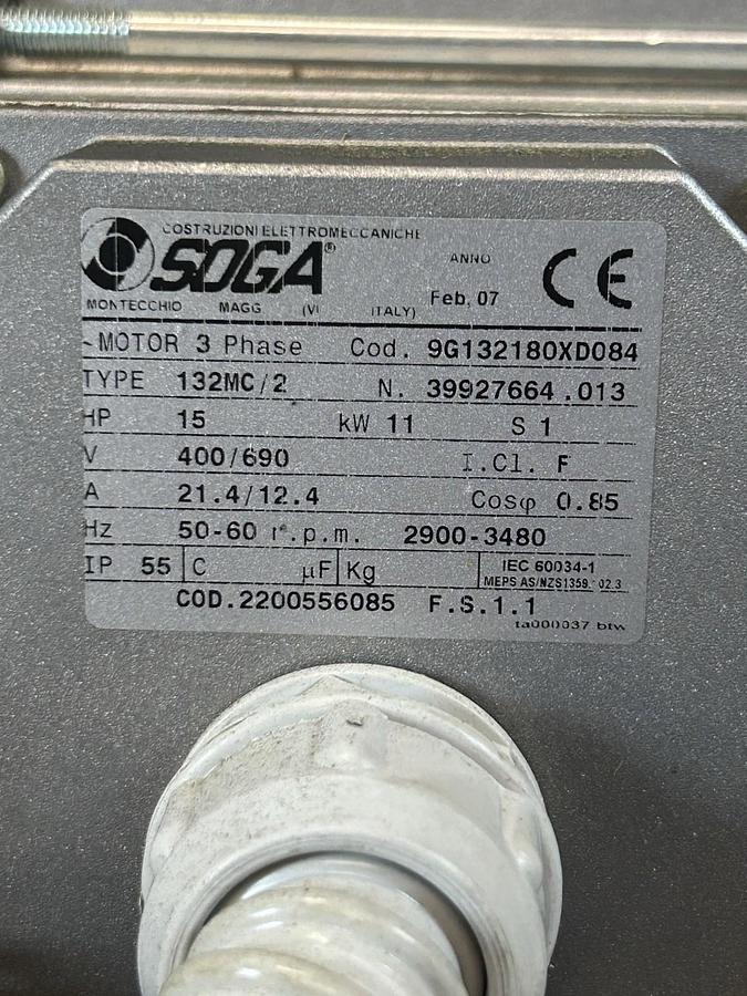 SOGA,9G132180XD084,MOTOR 15HP 11KW 400/490V 2900-3480RPM 3PH 132MC/2