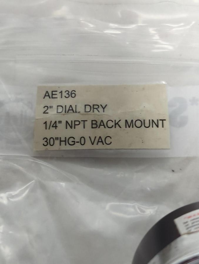 Used GAST,AE136,VACUMM GAUGE 2 INCH FACE 1/4 INCH NPT BACK MOUNT 30 HG-0 VAC