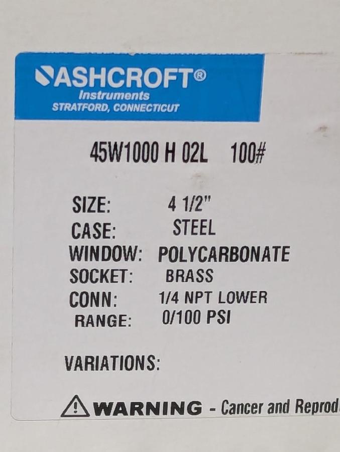 ASHCROFT,45W1000 H 02L,GAUGE 4-1/2 IN FACE 1/4 IN NPT BOTTOM CONNECTION 0-100PSI