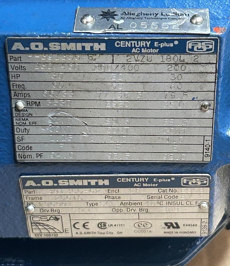 Used AO SMITH,F-391355-62,MOTOR 30HP 3530RPM 230/460V 286TS FRAME