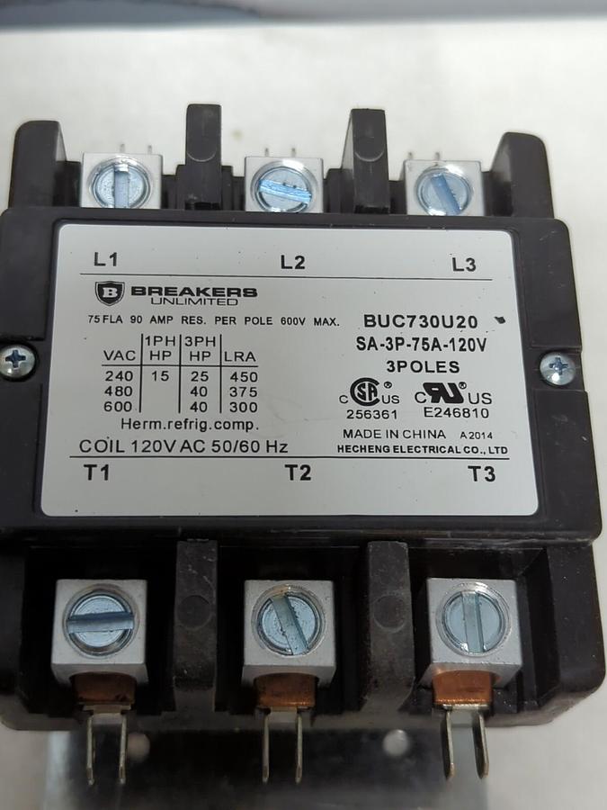 BREAKERS UNL.,BUC730U20,DEFINITE PURPOSE CONTACTOR 3-POLE 75 FLA 120V AC NEW