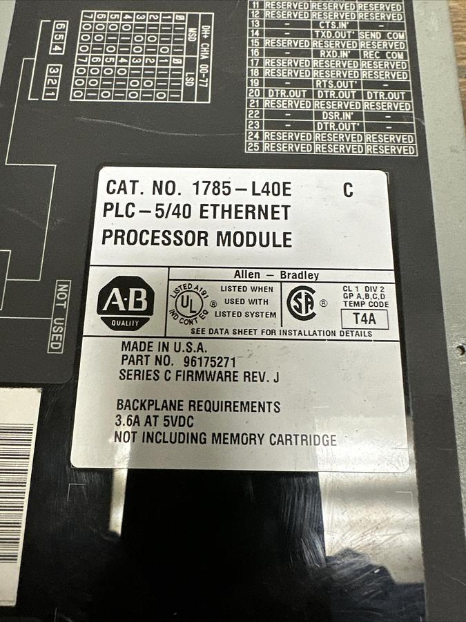 Used Allen Bradley,1785-L40E,Ser C PLC-5/40 Ethernet Processor Module