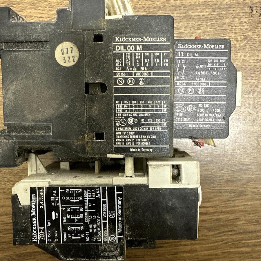 Used Klockner-Moeller,DIL 00M,Contactor W11 DIL M and Z00-4 Overload Relay