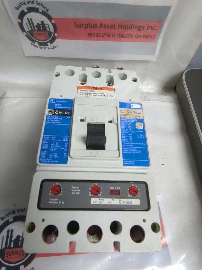 Used CUTLER-HAMMER,HKD3400F,CIRCUIT BREAKER 400 AMP 3-POLE STYLE 1492D82G03 PRE-OWNED