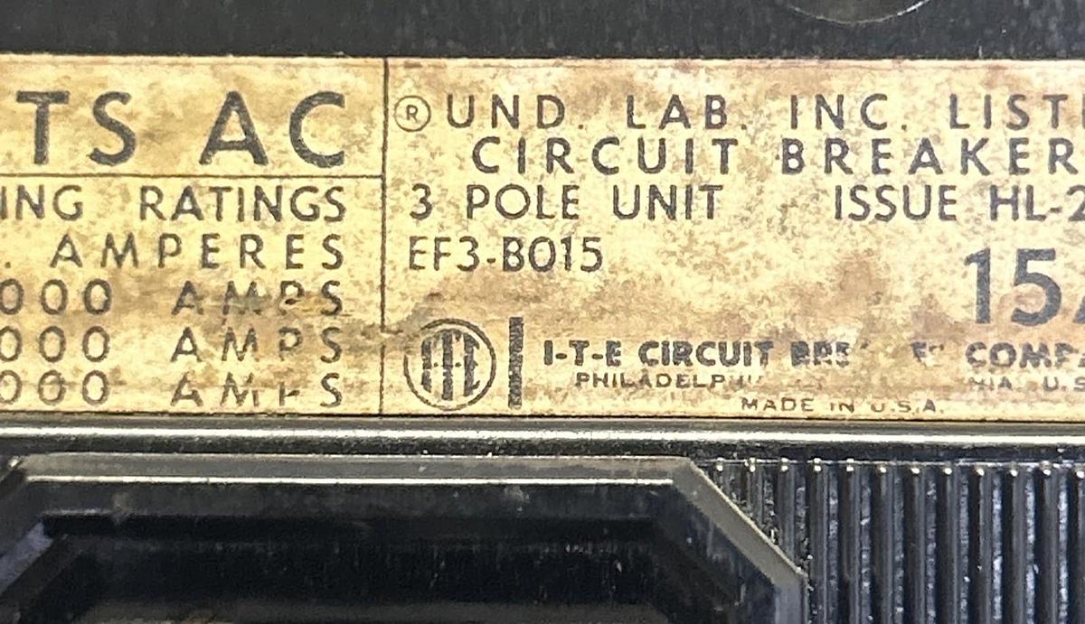 Used ITE,EF3-B015,CIRCUIT BREAKER 15A 600V 3P