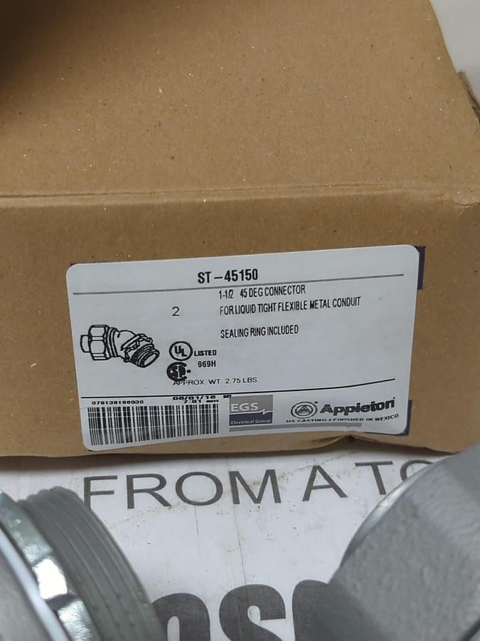APPLETON,ST-45150,LIQUID TIGHT 1-1/2 INCH 45 DEG CONDUIT CONNECTORS BOX OF 2 NEW