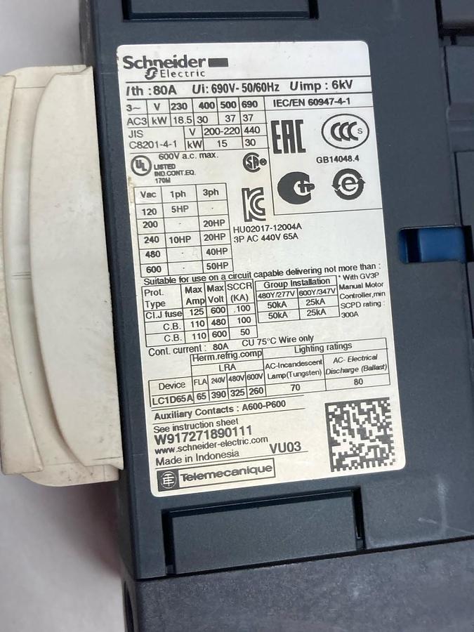 Used Schneider Electric,LC1D65A,TeSys Contactor 80A 6kV
