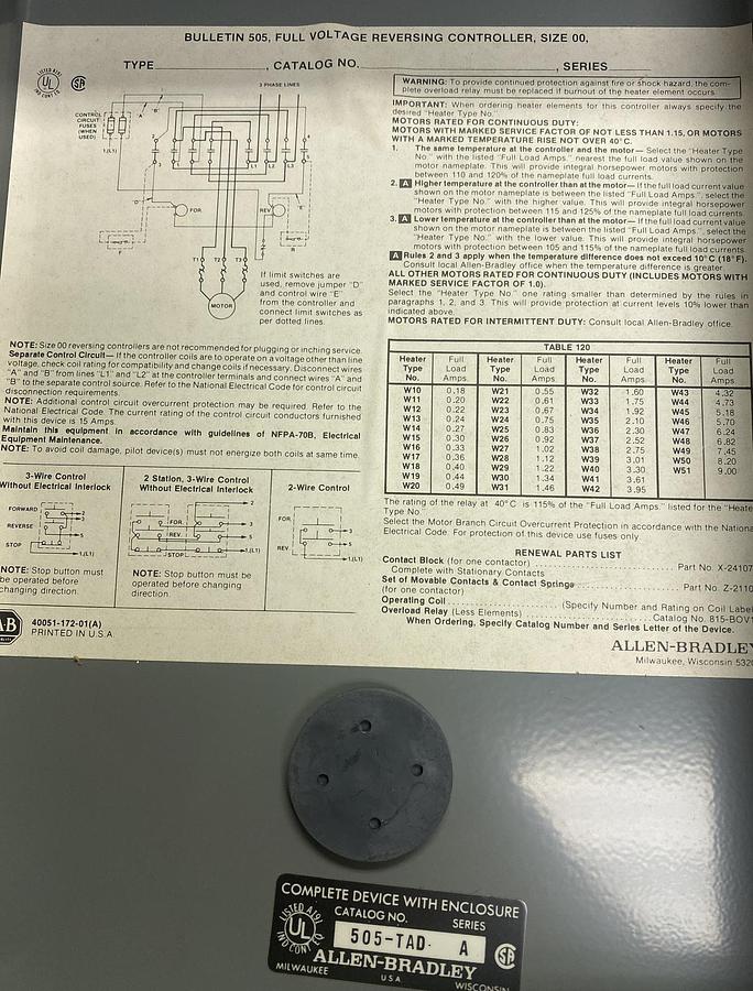ALLEN BRADLEY,505-TAD,FULL VOLTAGE REVERSING CONTROLLER SIZE 00 505-T0D NOS