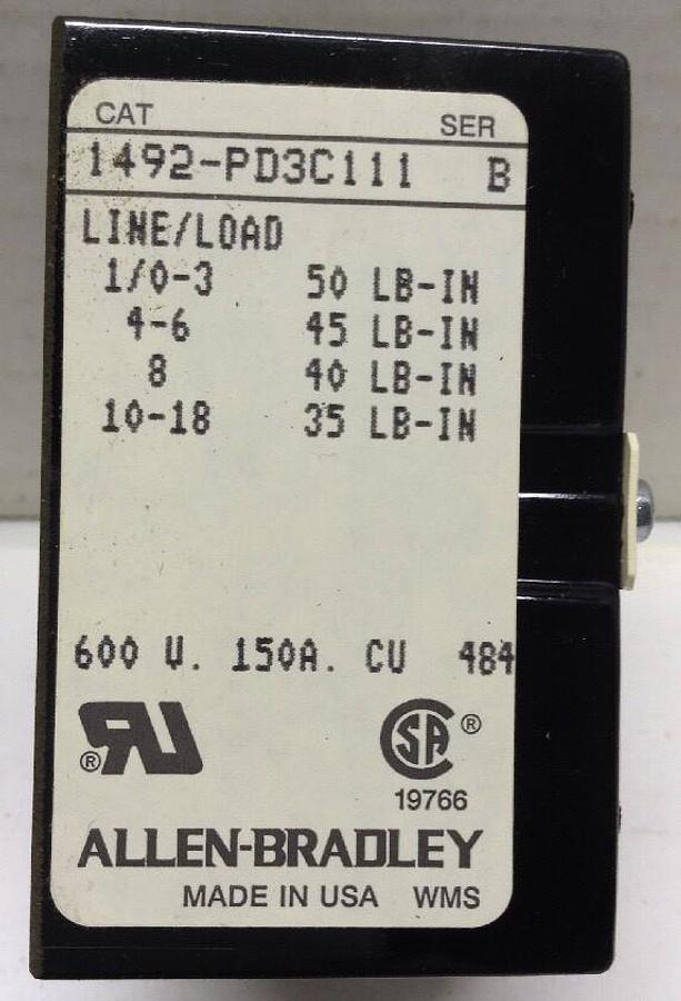 Allen-Bradley,1492-PD3C111,Series B Power Terminal Block 600V 150A