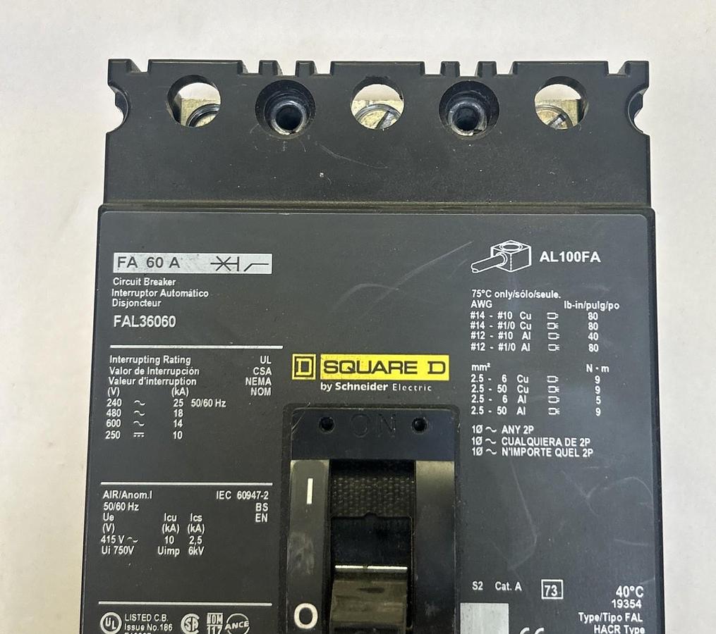 Used SQUARE D,FAL36060,CIRCUIT BREAKER 100A 600V 3P