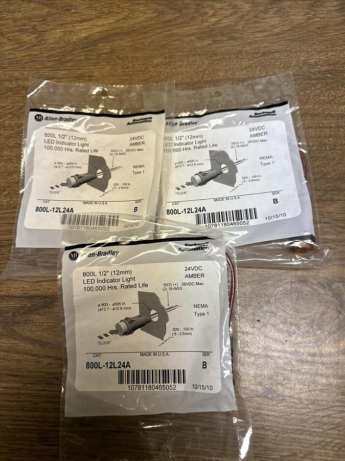 Allen Bradley,800L-12L24A,Amber LED Indicator Light Pack of 3