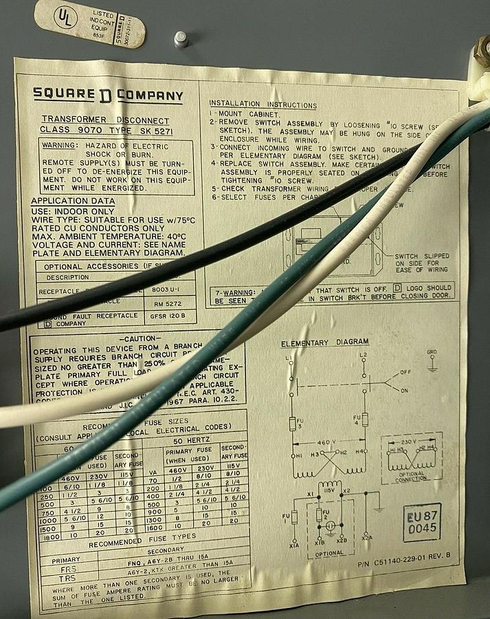 Used SQUARE D,9070-SK5271K-F30G13, TRANSFORMER DISCONNECT SWITCH 600VAC