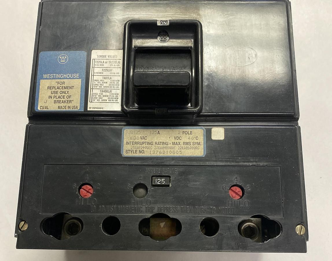 WESTINGHOUSE,RJ2125,CIRCUIT BREAKER 125A 600V 2P NOS