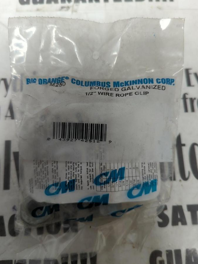 Used CM COLUMBUS MCKINNION,M250,FORGED GALVANIZED WIRE ROPE CLIP 1/2 INCH
