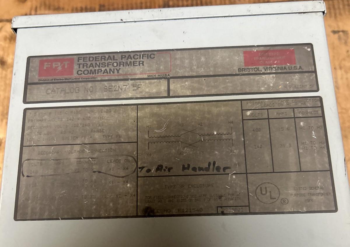 Used FEDERAL PACIFIC,SE2N7.5F,TRANSFORMER 7.5KVA PRI 240X480V SEC 120/240V 1PH
