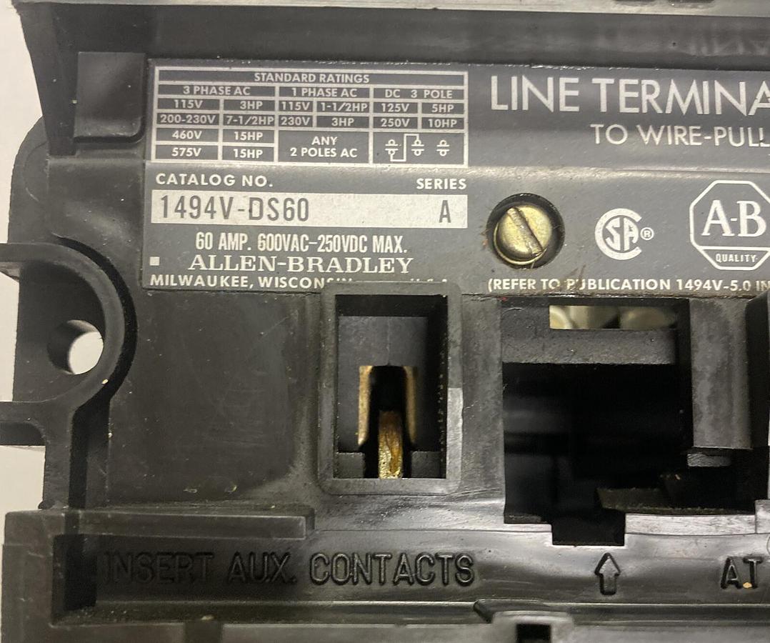 Used ALLEN BRADLEY,1494V-DS60,DISCONNECT SWITCH 60AMP 600VAC W/ HANDLE