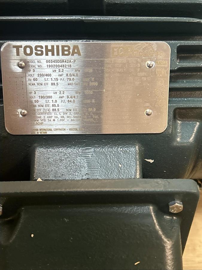 TOSHIBA,0034SDSR42A-P,MOTOR 3HP 1760RPM 230/460V 3PH 182TC FRAME NEW