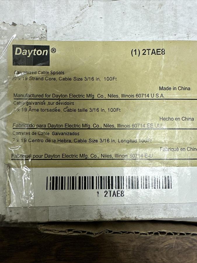 Dayton,2TAE8,Galvanized Cable 3/16" 100' 7x19 Strand