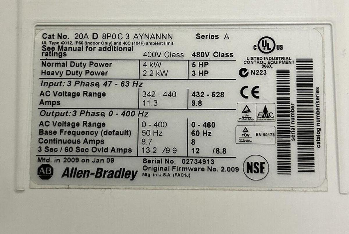 Used ALLEN BRADLEY,20AD8P0C3AYNANNN,VFD POWERFLEX 70 AC DRIVE 5HP 4KW