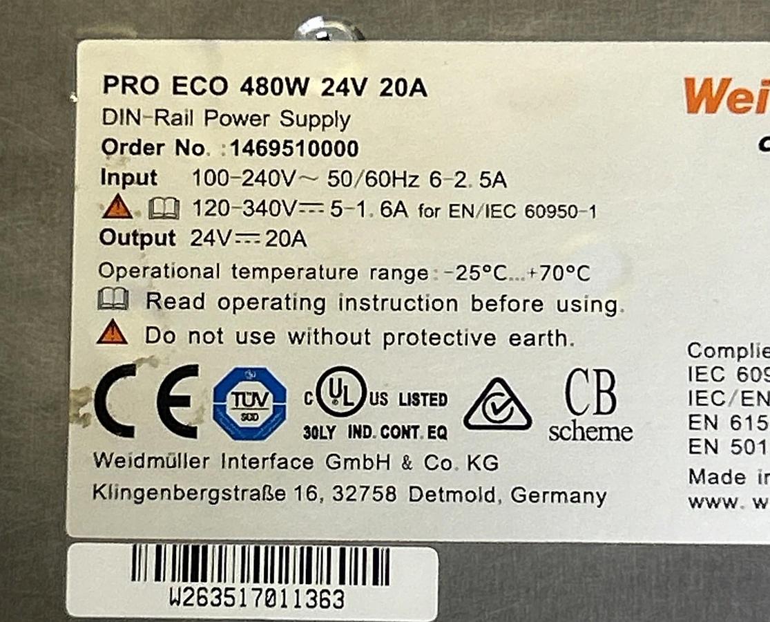 Used WEIDMULLER,1469510000,DIN RAIL POWER SUPPLY 480W 25V 20A