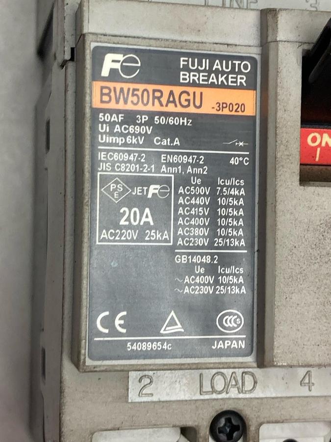 Used Fuji Electric,BW50RAGU-3P020,2-Phase Circuit Breaker 50AF 50/60Hz
