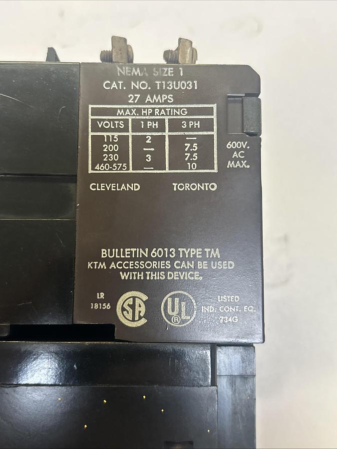 Used SYLVANIA,T13U031,SIZE ONE CONTACTOR 27A 600V