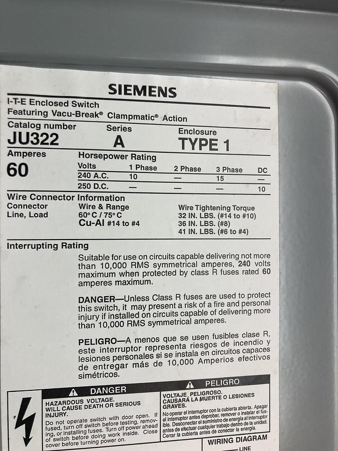 Used Siemens,JU-322,ITE Enclosed Switch 60A 240VAC Type 1