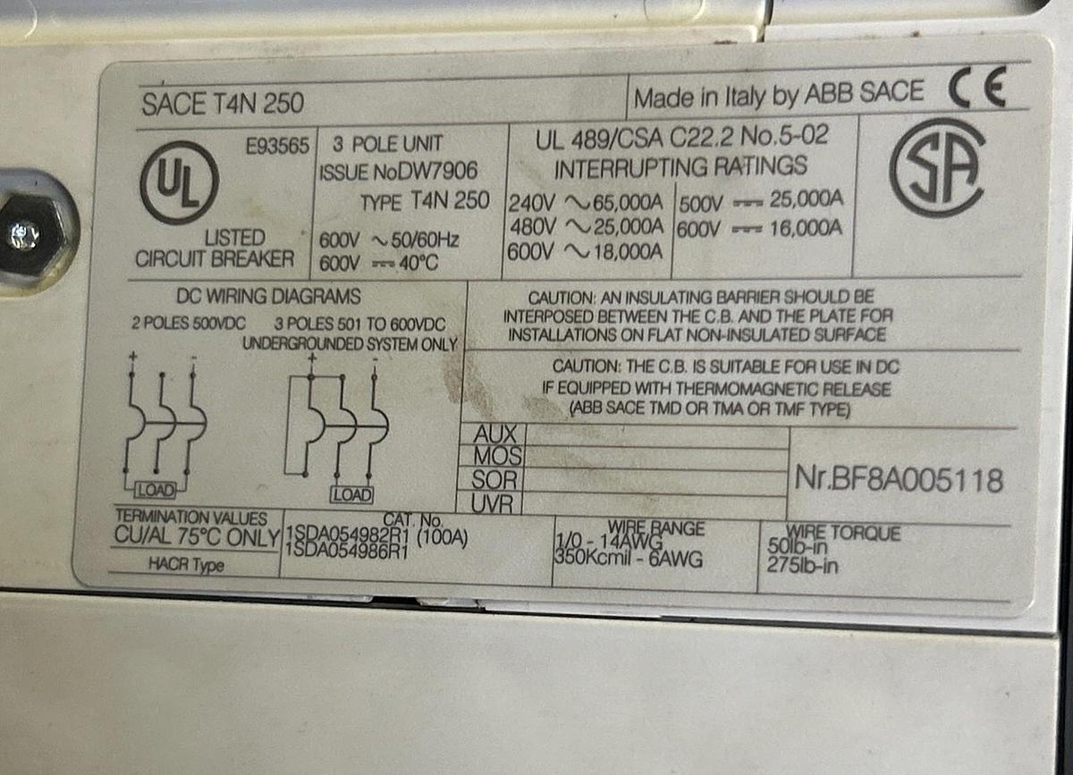 Used ABB,T4N250,CIRCUIT BREAKER 250A 600V 3P