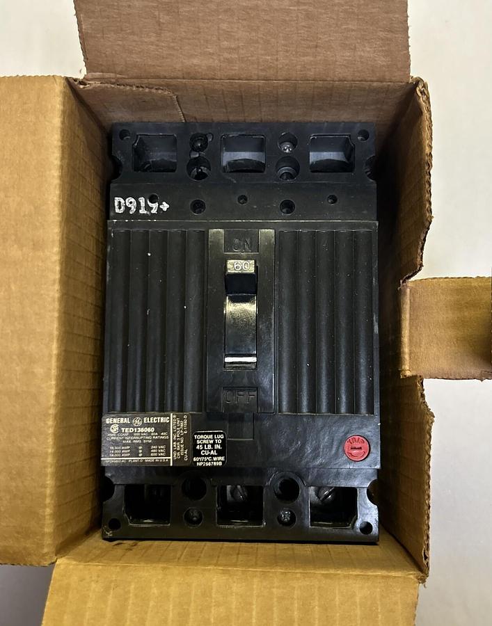 Used GENERAL ELECTRIC,TED136060WL,CIRCUIT BREAKER 60AMP 600V 3P NEW