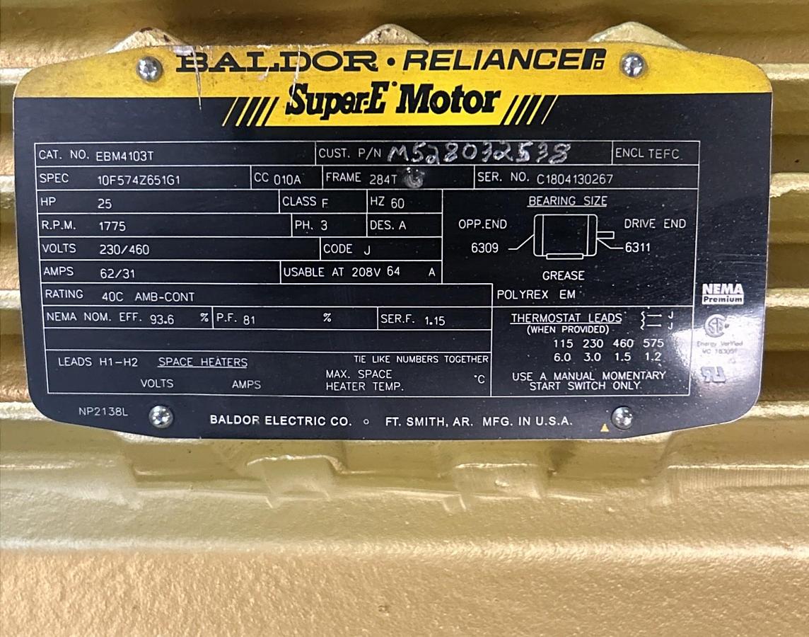 Used BALDOR,EBM4103T,SUPER-E BRAKE MOTOR 25HP 1775RPM 3PH 284T FRAME